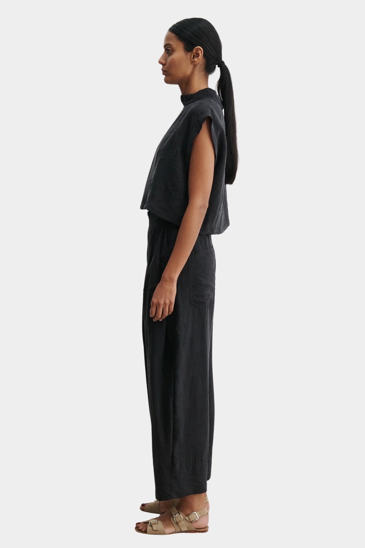 Rachel Comey Bacchus top in black, side profile highlighting architectural shape and clean lines