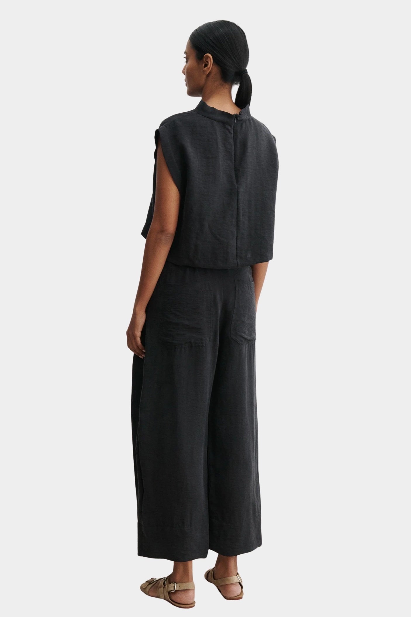 Rachel Comey Bacchus top in black, back view showing minimal structure and boxy silhouette