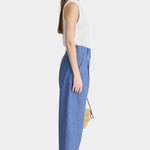 Rachel Comey Bari Crop Trouser Chambray side profile with high waist, cropped hem, and soft structured drape