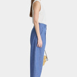 Rachel Comey Bari Crop Trouser Chambray side profile with high waist, cropped hem, and soft structured drape