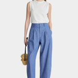 Rachel Comey Bari Crop Trouser Chambray styled full look with barrel leg fit and airy summer tailoring at YUCCA Denver