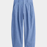 Rachel Comey Bari Crop Trouser Chambray flat lay with pleated front, slant pockets, and relaxed cropped shape
