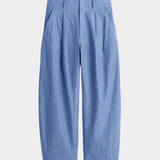 Rachel Comey Bari Crop Trouser Chambray flat lay with pleated front, slant pockets, and relaxed cropped shape