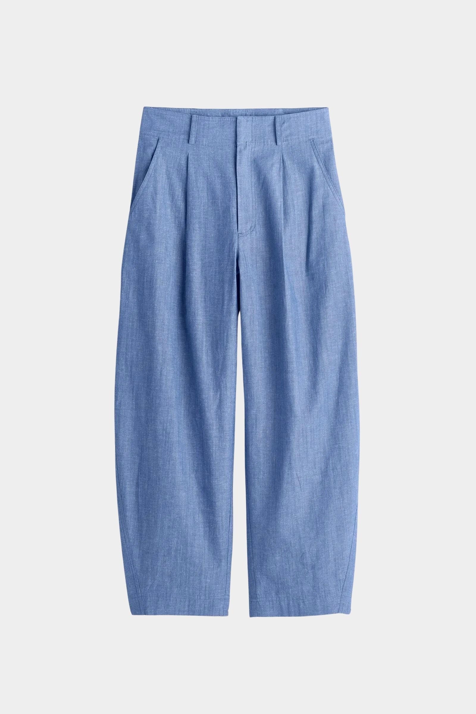 Rachel Comey Bari Crop Trouser Chambray flat lay with pleated front, slant pockets, and relaxed cropped shape