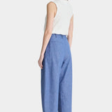Rachel Comey Bari Crop Trouser Chambray back view with cropped barrel leg silhouette and lightweight cotton linen blend