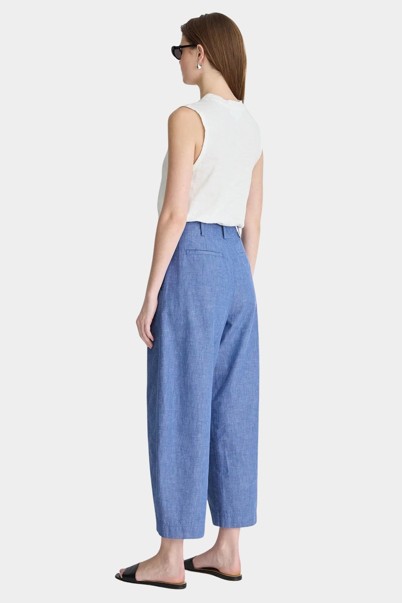 Rachel Comey Bari Crop Trouser Chambray back view with cropped barrel leg silhouette and lightweight cotton linen blend