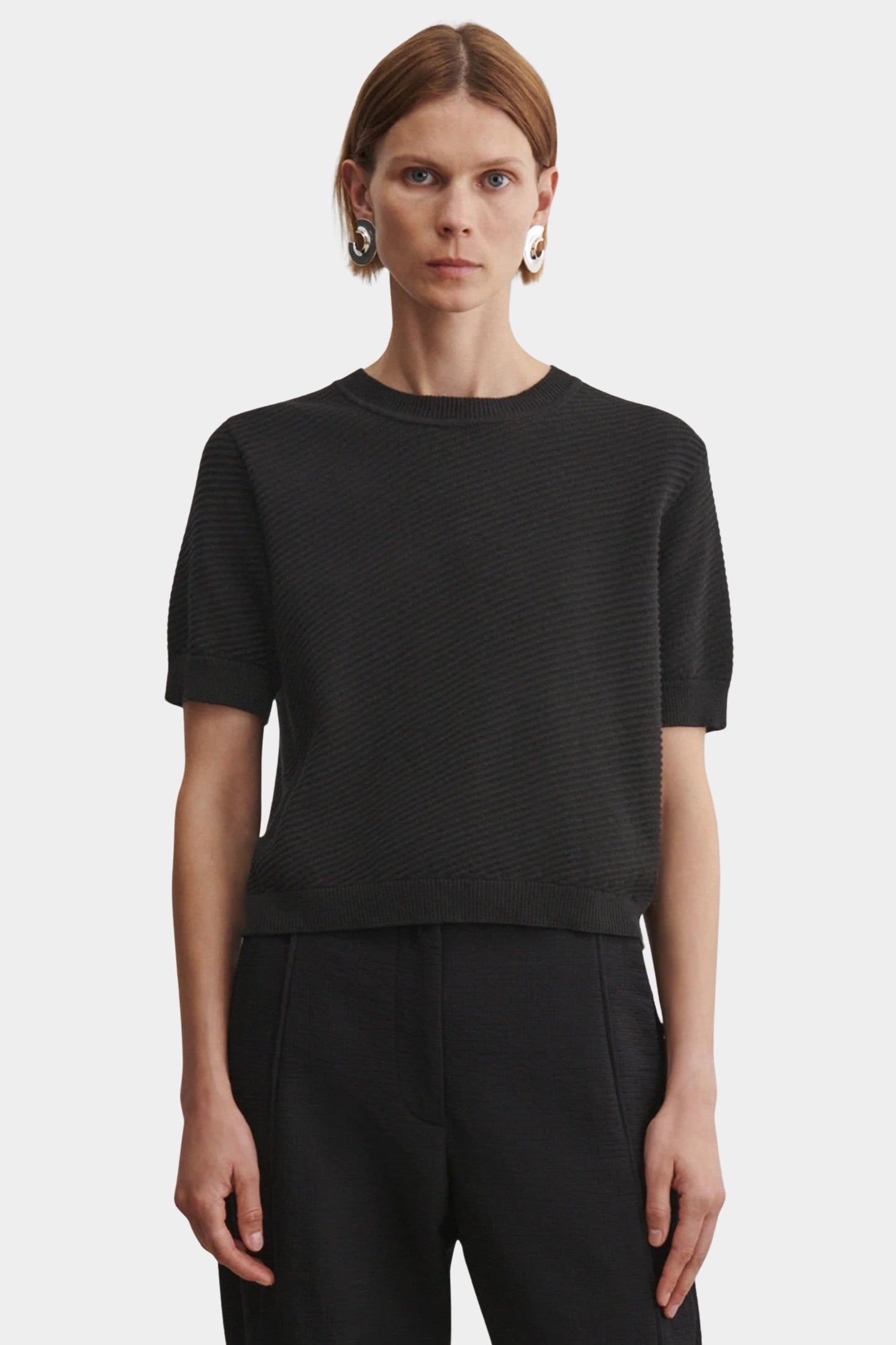 Rachel Comey Calibra Top Black textured knit tee with relaxed silhouette and soft structured drape