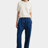 Rachel Comey Calibra Top Cream relaxed fit ribbed cotton knit tee with wide-leg denim styling