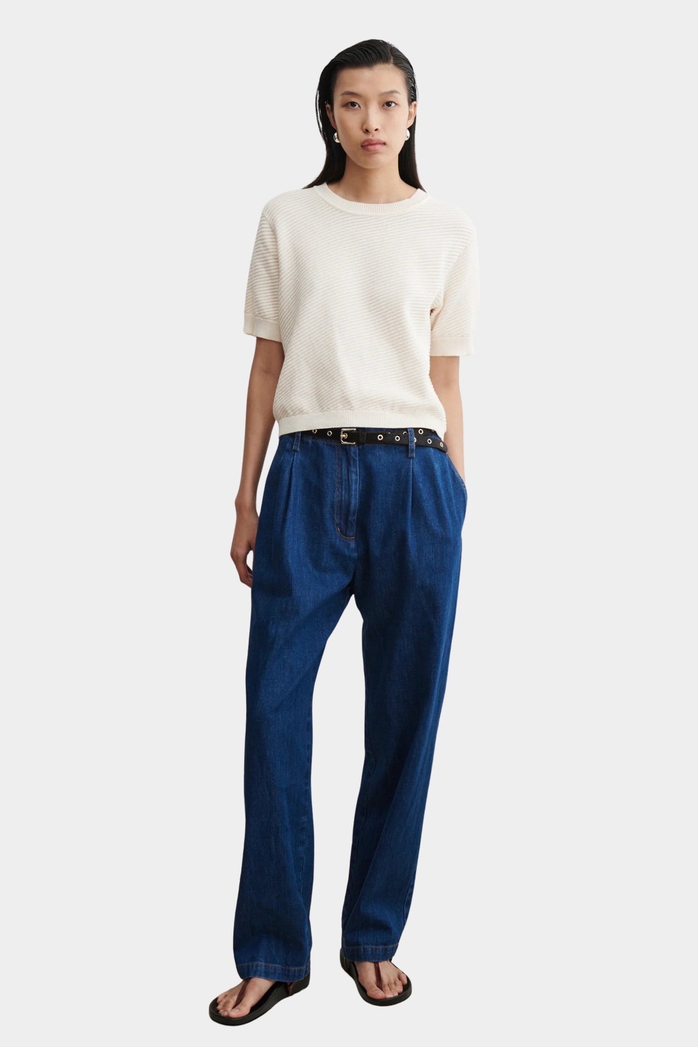 Rachel Comey Calibra Top Cream relaxed fit ribbed cotton knit tee with wide-leg denim styling