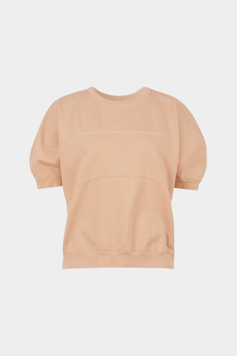 Rachel Comey Football Sweatshirt in Melon cotton with puff sleeves.