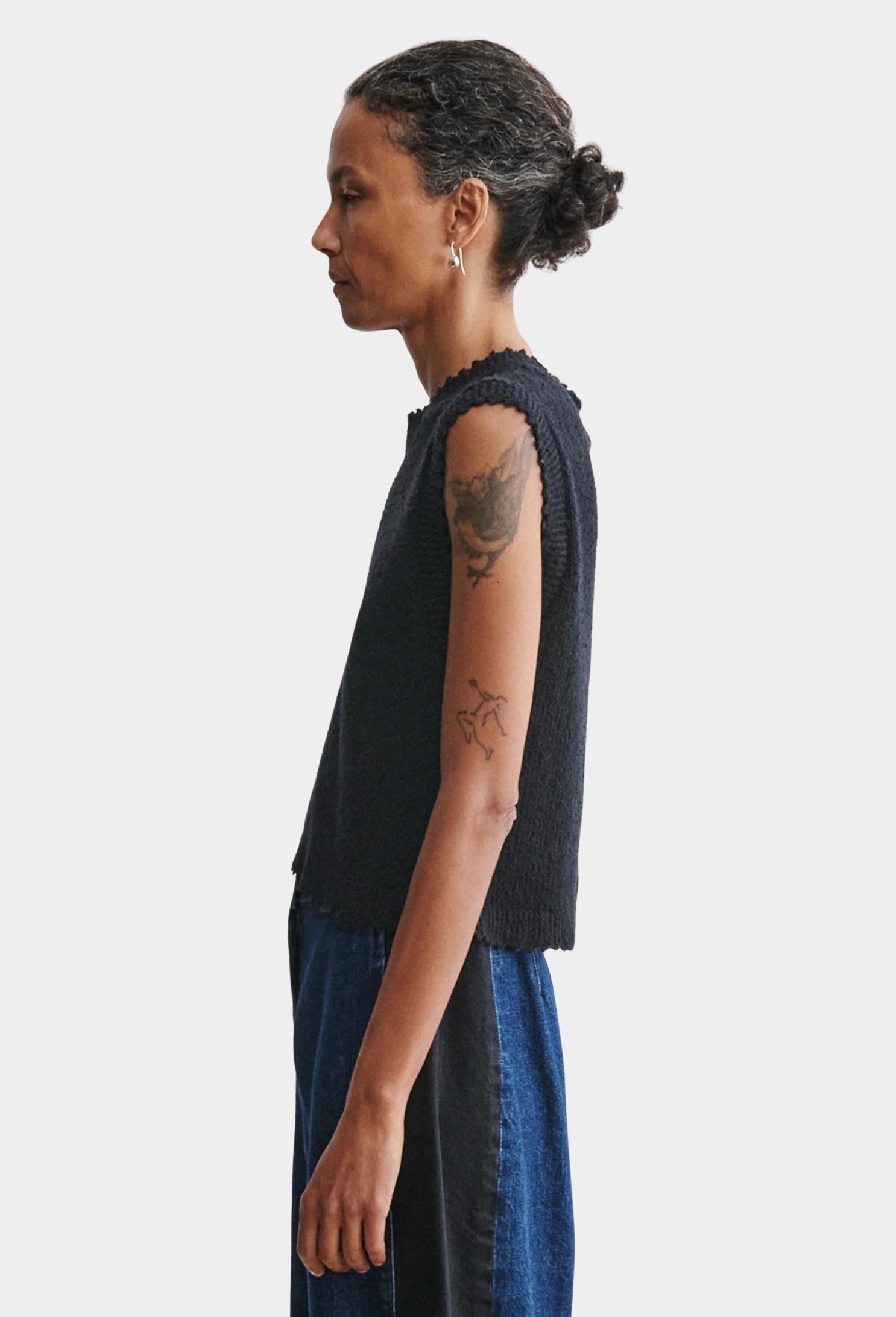Rachel Comey Relent Top Black side profile in lightweight bouclé knit
