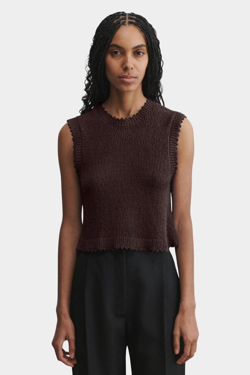 Rachel Comey Relent Top in Brown front view with ribbed trim and sleeveless silhouette