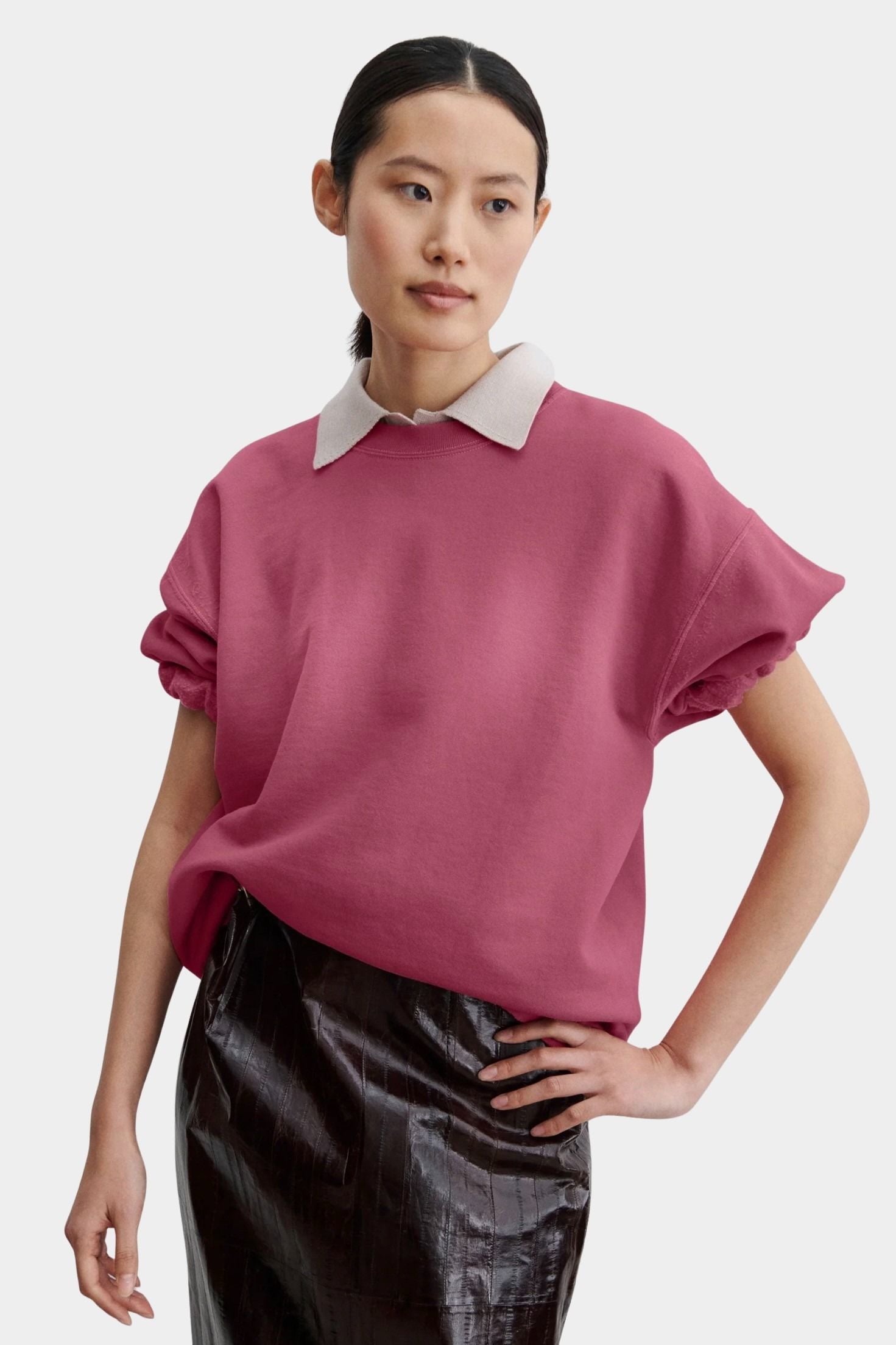 Rachel Comey Stanza sweatshirt rose close view rolled sleeve cuff crewneck