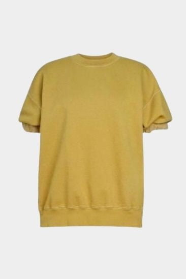 Rachel Comey Stanza sweatshirt in tapenade cotton with boxy cropped silhouette, short puff sleeves, and ribbed hem, flat lay