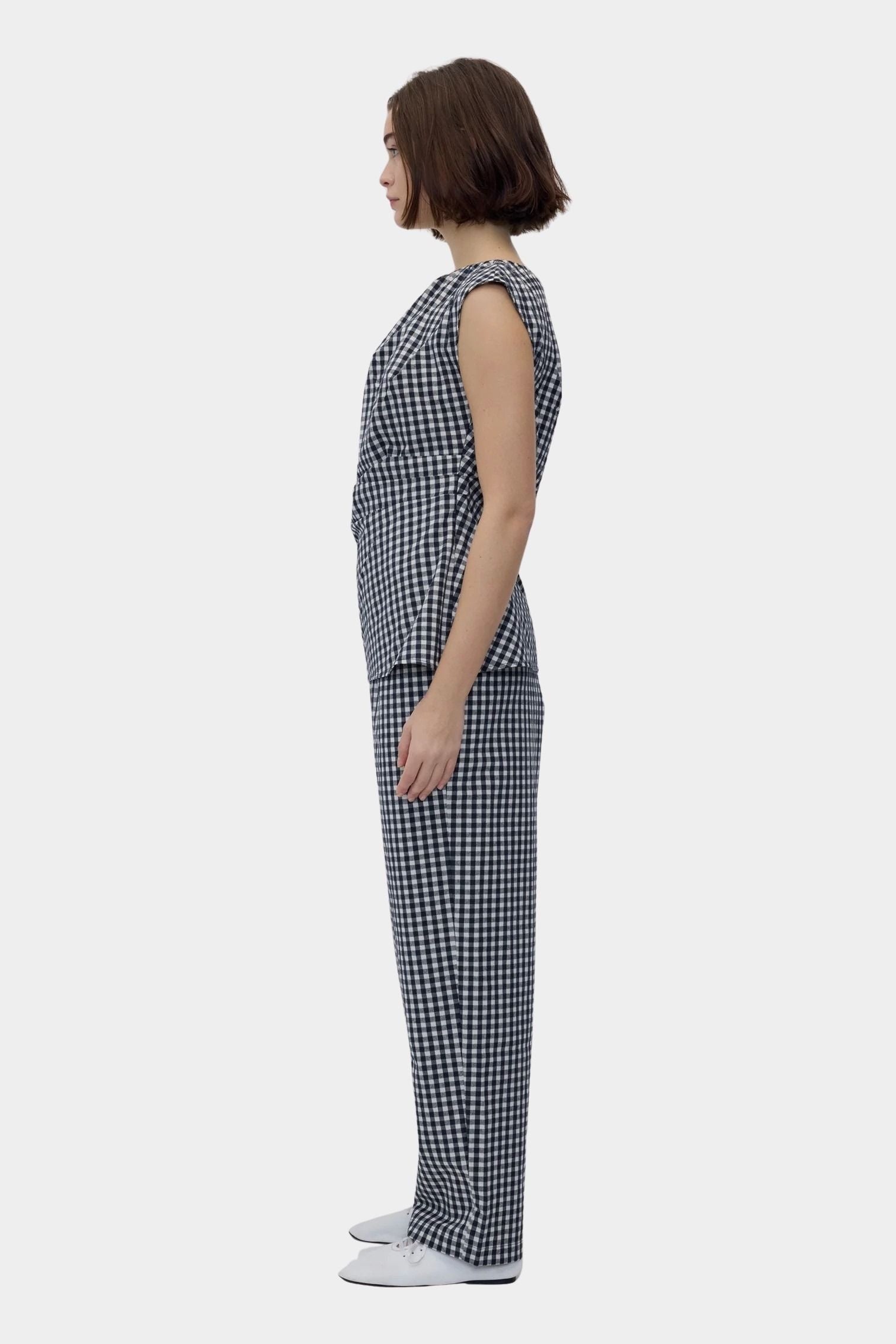 Rita Row Cep Pants black gingham straight leg trousers side profile view
