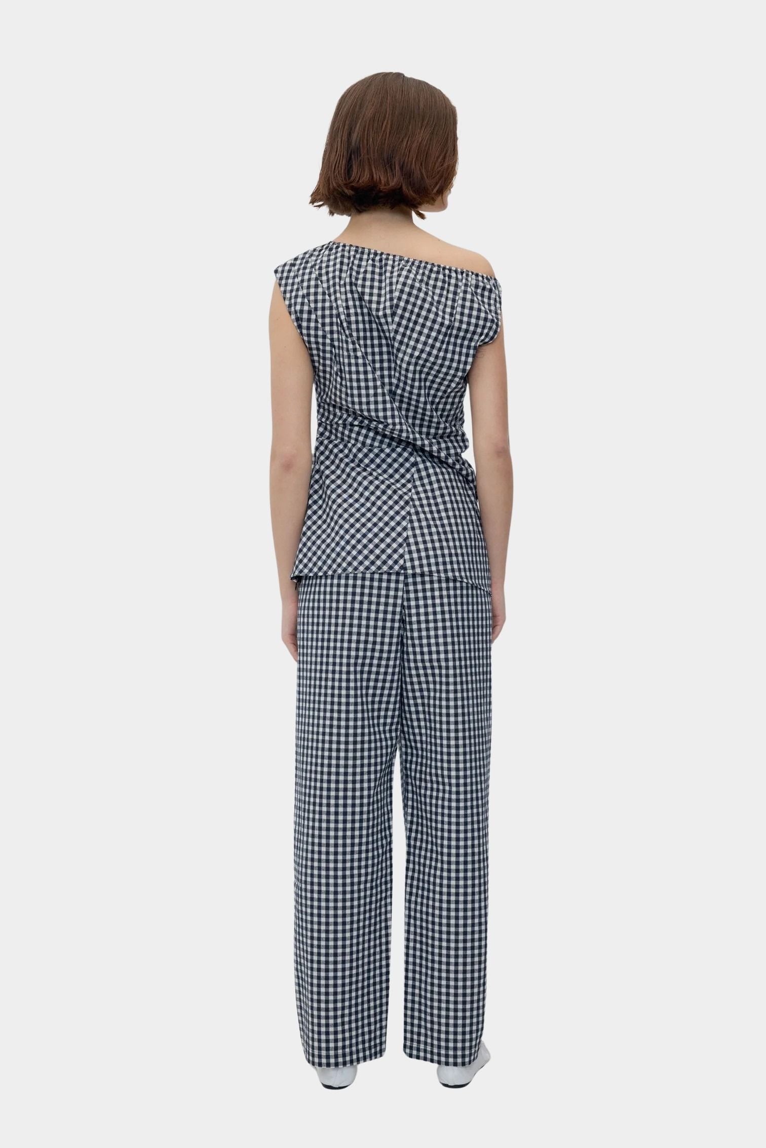 Rita Row Melisande Top black gingham one shoulder top with gathered neckline back view
