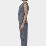 Rita Row Melisande Top black gingham asymmetrical top with draped detail side profile view