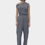 Rita Row Melisande Top black gingham one shoulder cotton top styled with matching pants full body view