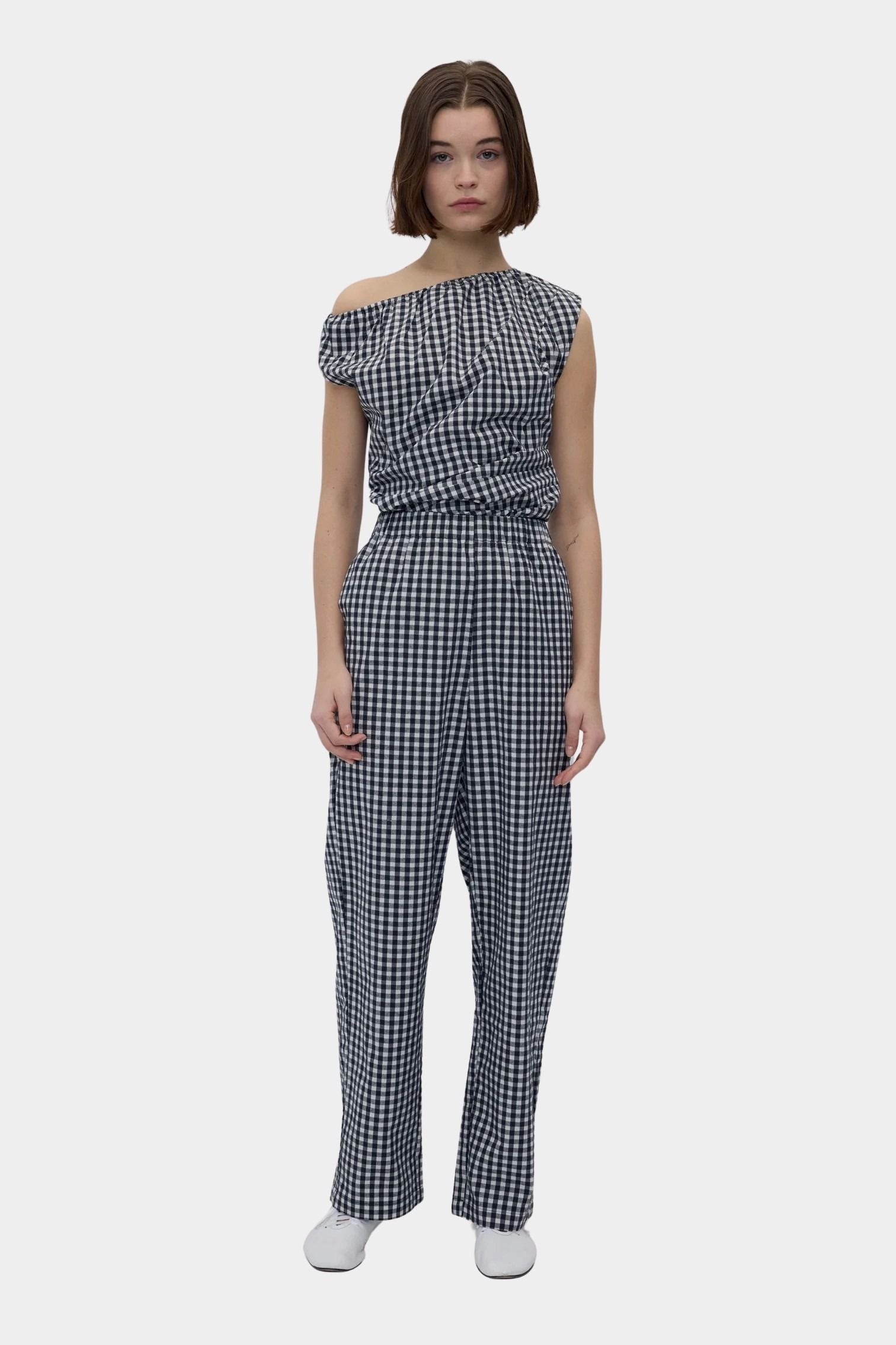 Rita Row Melisande Top black gingham one shoulder cotton top styled with matching pants full body view