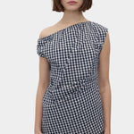 Rita Row Melisande Top black gingham one shoulder draped top with asymmetrical neckline front view