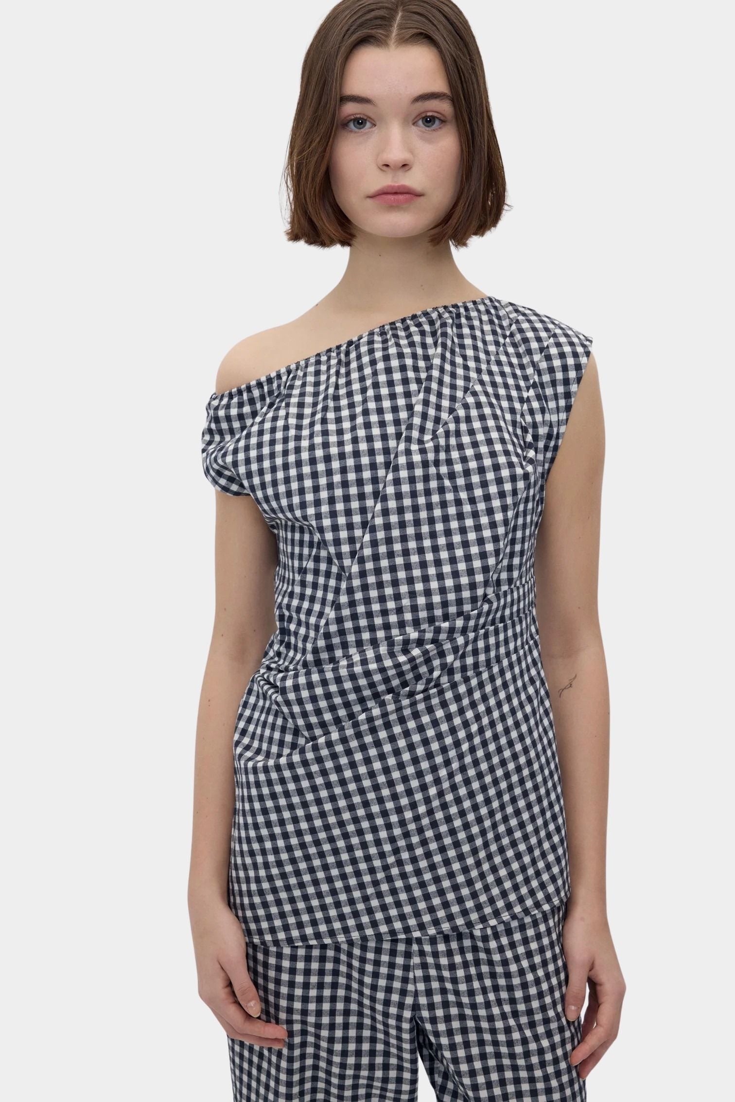 Rita Row Melisande Top black gingham one shoulder draped top with asymmetrical neckline front view