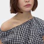 Rita Row Melisande Top black gingham cotton one shoulder top with gathered neckline close up view