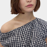 Rita Row Melisande Top black gingham cotton one shoulder top with gathered neckline close up view