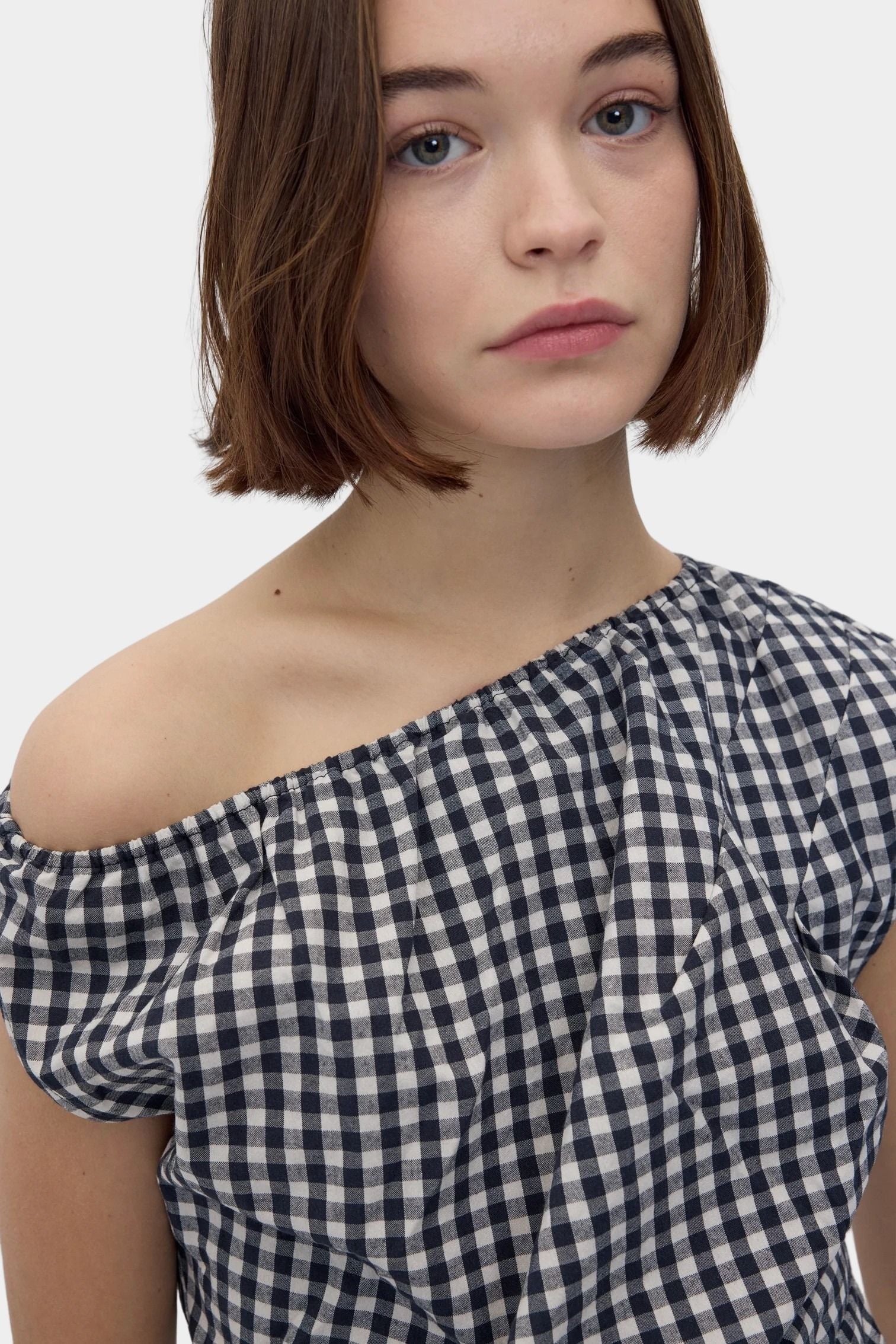 Rita Row Melisande Top black gingham cotton one shoulder top with gathered neckline close up view