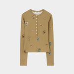Rodebjer Kiara Henley top in beige multi duchess, long sleeve floral print henley with button front product image on white background