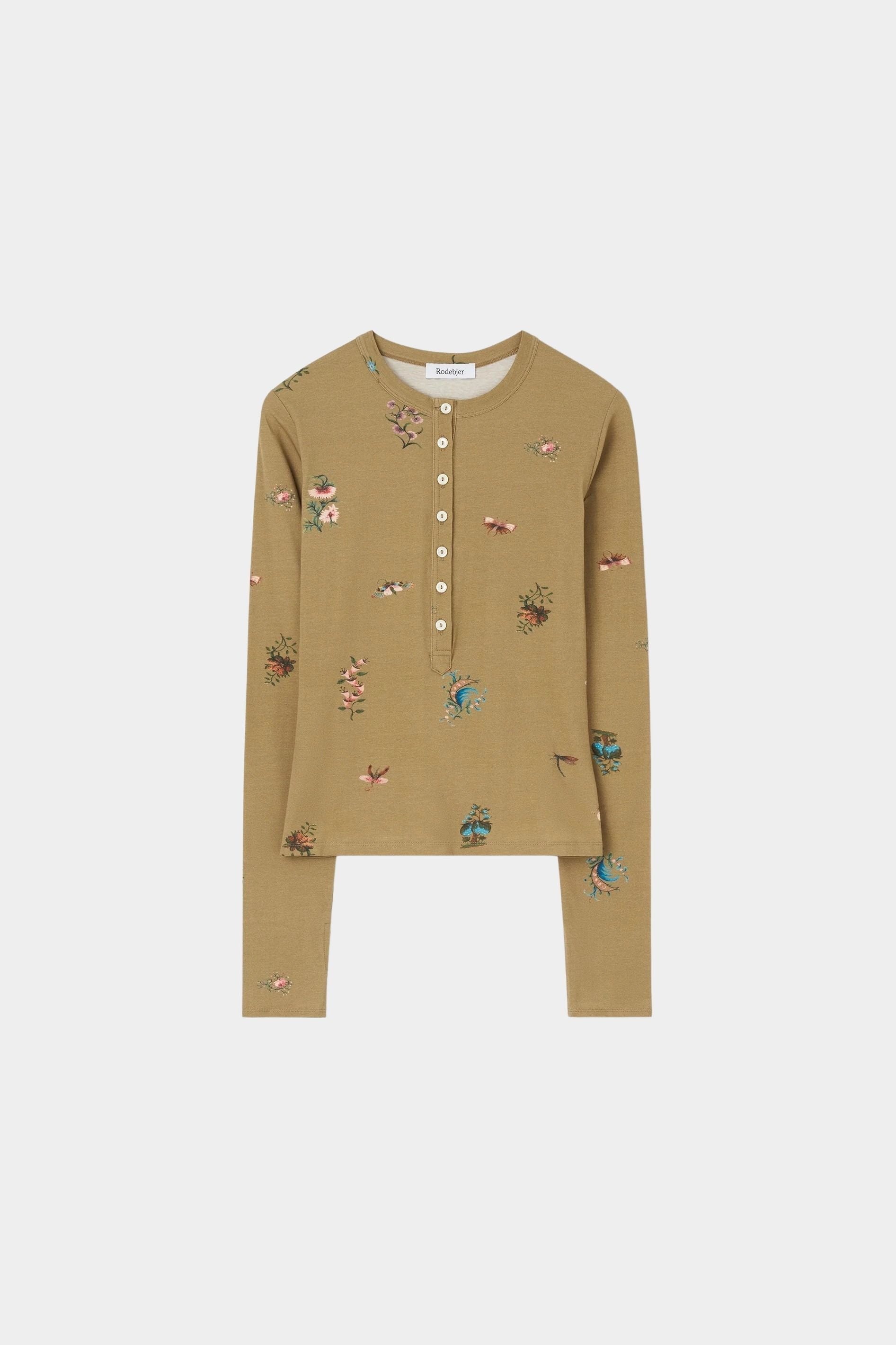 Rodebjer Kiara Henley top in beige multi duchess, long sleeve floral print henley with button front product image on white background