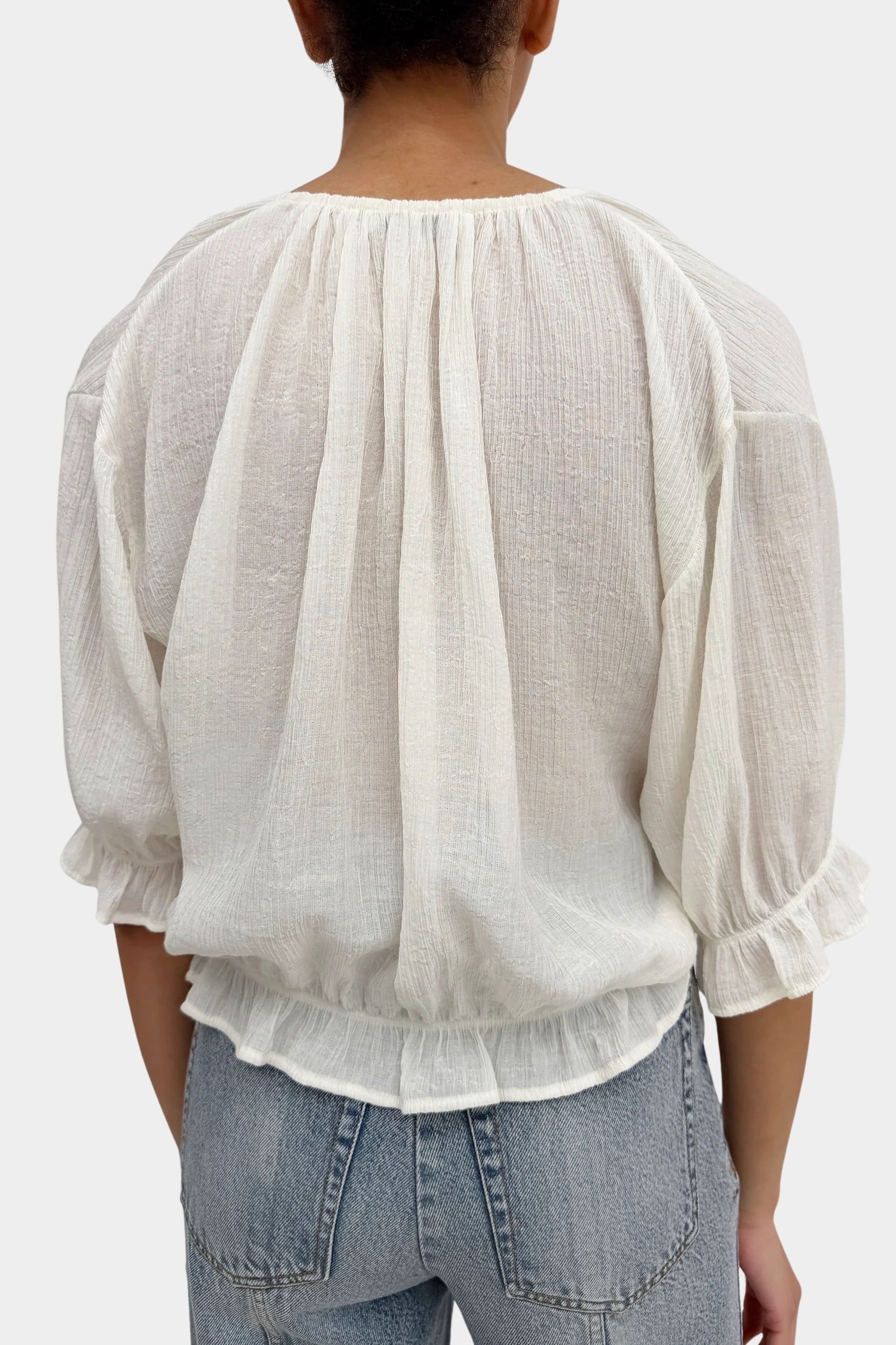 Rodebjer Perla Plissé blouse Gardenia Cream gathered back sheer plissé texture