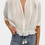 Rodebjer Perla Plissé blouse Gardenia Cream tie neckline lightweight textured fabric