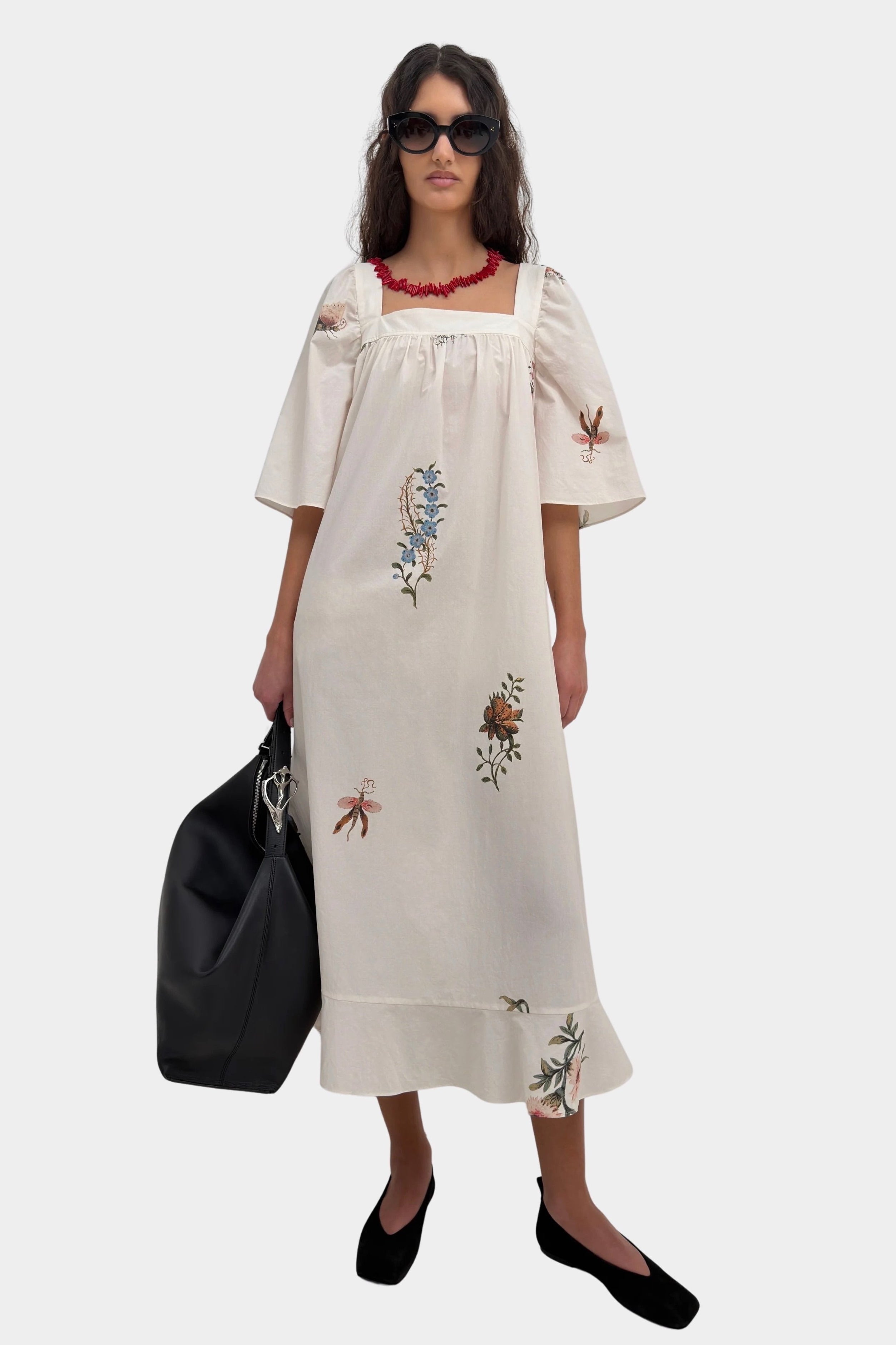 Rodebjer Salem dress cream multi back view with belt cinched waist detail
