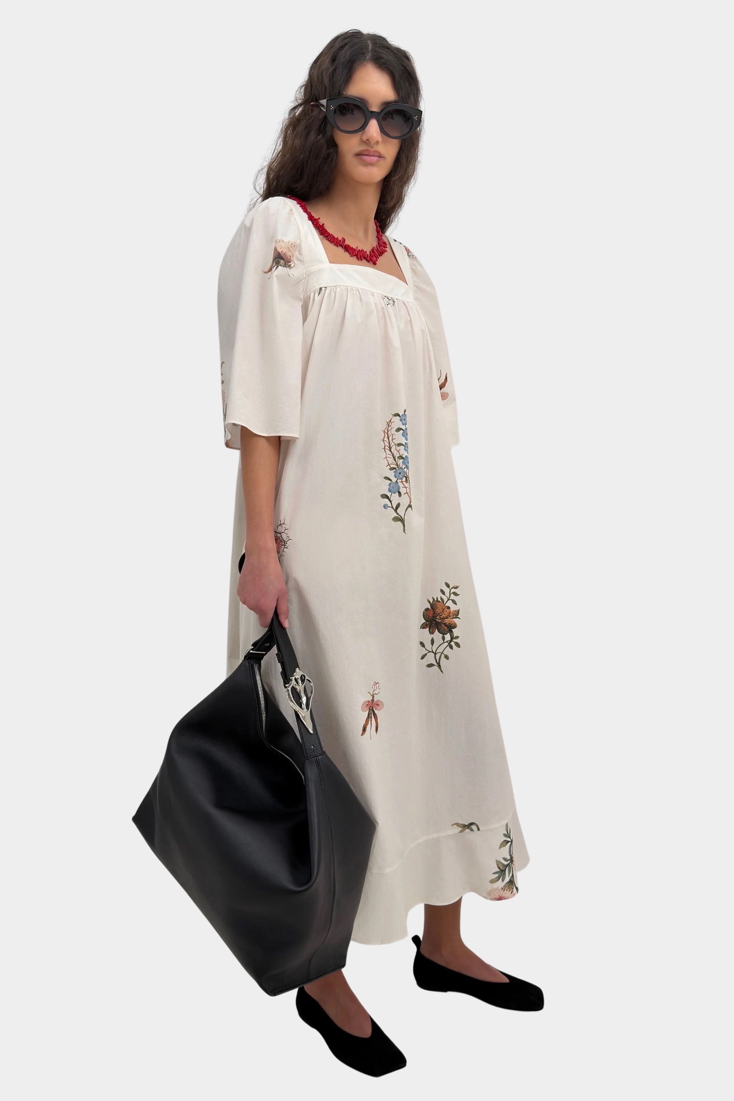 Rodebjer Salem dress cream multi side view square neckline wide sleeve silhouette