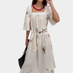 Rodebjer Salem square neck dress cream multi full length front with belt tassel detail