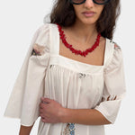 Rodebjer Salem square neck dress cream multi floral front detail model wearing sunglasses YUCCA Denver
