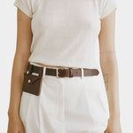 Shaina Mote Baby Tee Chalk close-up fitted tee with ribbed trim styled with ivory trousers and leather belt