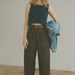Shaina Mote Boy Trouser Chocolate full look wide leg cropped trouser styled with knit top