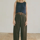 Shaina Mote Boy Trouser Chocolate side view relaxed wide leg cropped pant with denim jacket