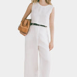 Shaina Mote Cielo linen top in natural styled with matching linen trousers and leather bag