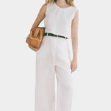 Shaina Mote Cielo linen top in natural styled with matching linen trousers and leather bag