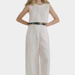 Shaina Mote Cielo linen top in natural front view with cropped sleeveless fit and crew neckline