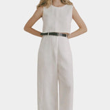 Shaina Mote Cielo linen top in natural front view with cropped sleeveless fit and crew neckline
