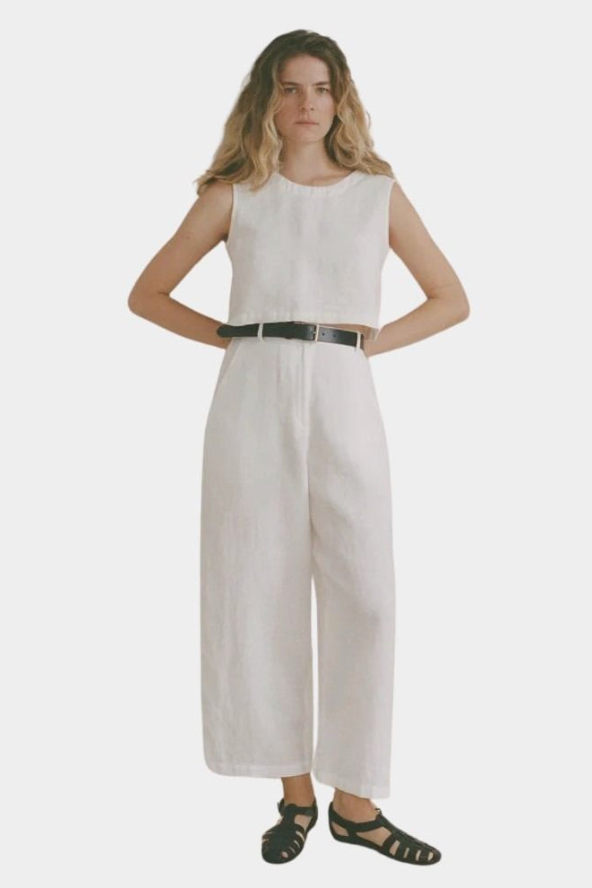 Shaina Mote Cielo linen top in natural front view with cropped sleeveless fit and crew neckline
