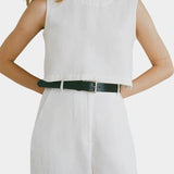 Shaina Mote Cielo linen top in natural close-up showing sleeveless cut and clean neckline detail