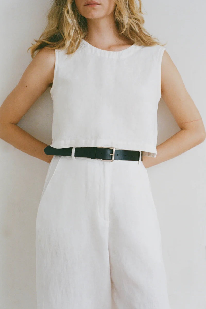 Shaina Mote Classic Belt Black styled with white dress waist cinch black leather belt