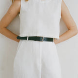 Shaina Mote Classic Belt Black styled with white dress waist cinch black leather belt