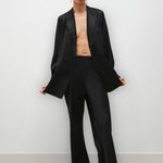Silk Laundry black silk bias pants worn with tailored silk blazer