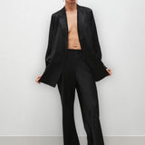 Silk Laundry black silk bias pants worn with tailored silk blazer