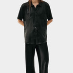 Silk Laundry black bias cut silk pants styled with silk shirt